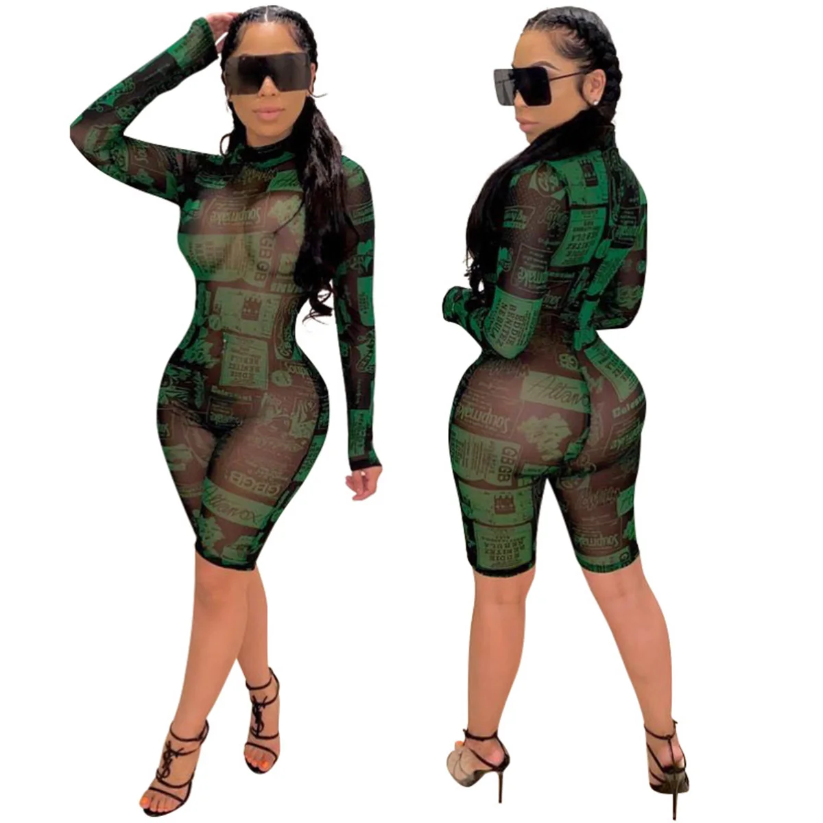 

Women’s Jumpsuit Sexy Gauze Letter Printing Long-Sleeves Leggings for Young Lady Fashionable Summer Romper