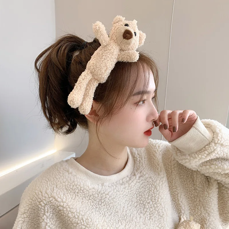 

Fine Korean Cute Bear Headbands for Girls Headwear Teddy Fur Plush Hoop Headband for Women Turban INS Popular Hair Accessories