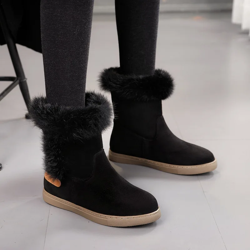Rabbit Hair snow boots women brown slip on chelsea cotton botas winter warm plush fur shoes ladies booties mid-tube flat botines | Обувь