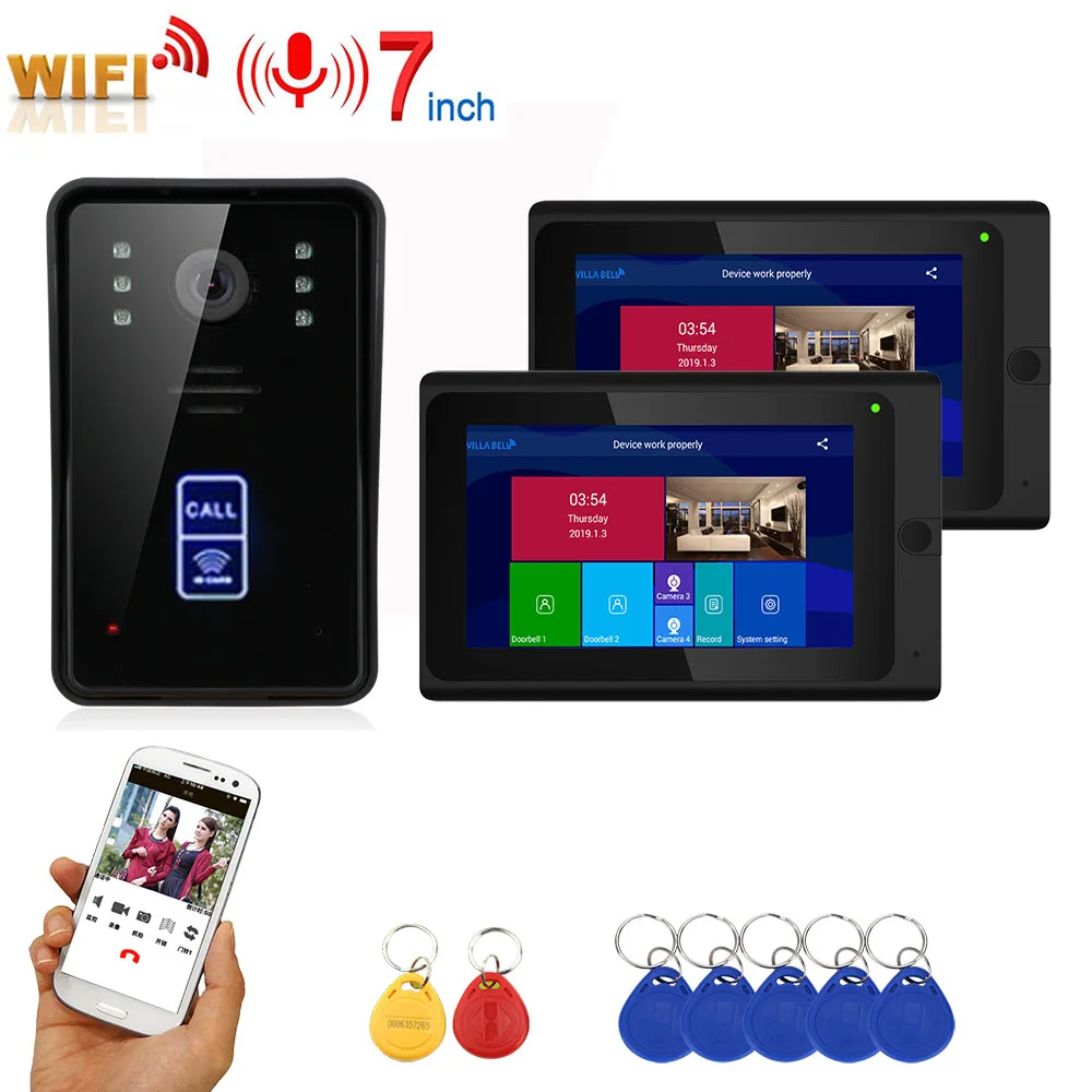 

7inch 2 Monitors Wireless Wifi RFID Video Door Phone Doorbell Intercom Entry System with Wired IR-CUT 1080P Wired Camera Night V