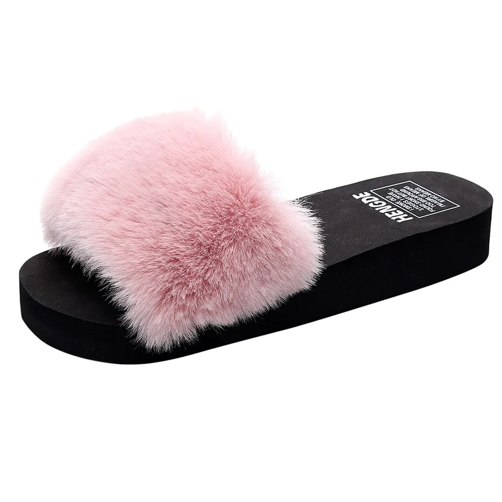 Шлепанцы женские меховые сандалии на танкетке Нескользящие повседневная обувь