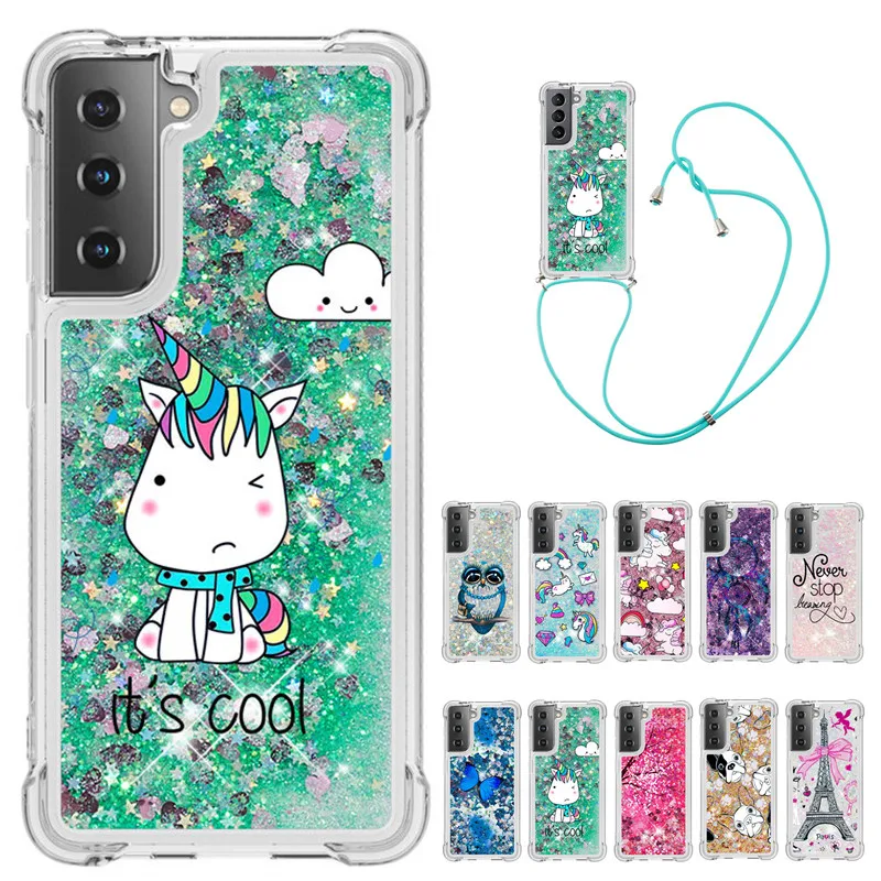 

Strap Lanyard Cartoon Phone Case For Samsung Galaxy S9 S10 S11 S20 S21 Plus Ultra 5G S10E S11E TPU Glitter Liquid Back Cover