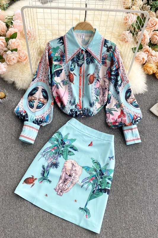 

2021 Spring New Loose Polo Collar Long Puff Sleeve Print Shirt Green High Waist Slim Mini Skirts Retro Printing Suit 2 Piece Set