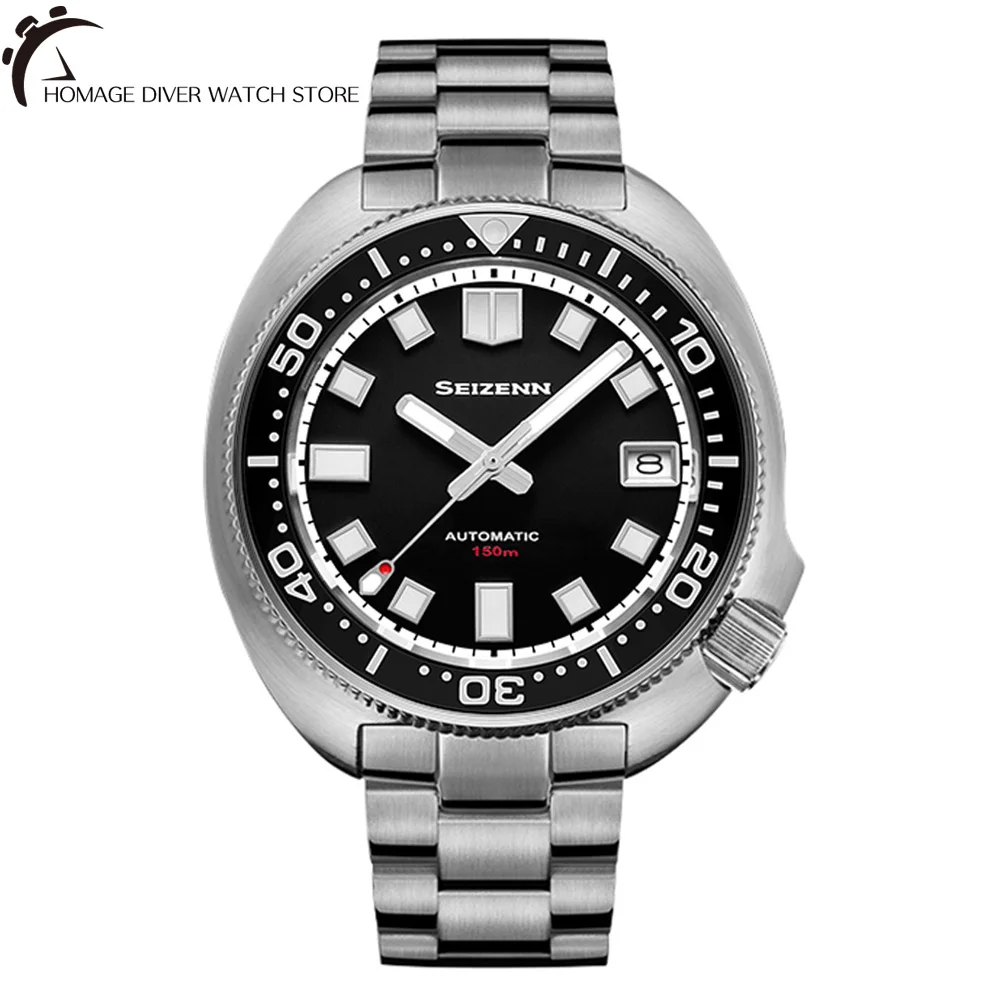 

Merkur 44mm Black Dial Men's Turtle Diver Watch Sapphire Luminous 150M Water Resistance NH35 Automatic Movement Stainless Band