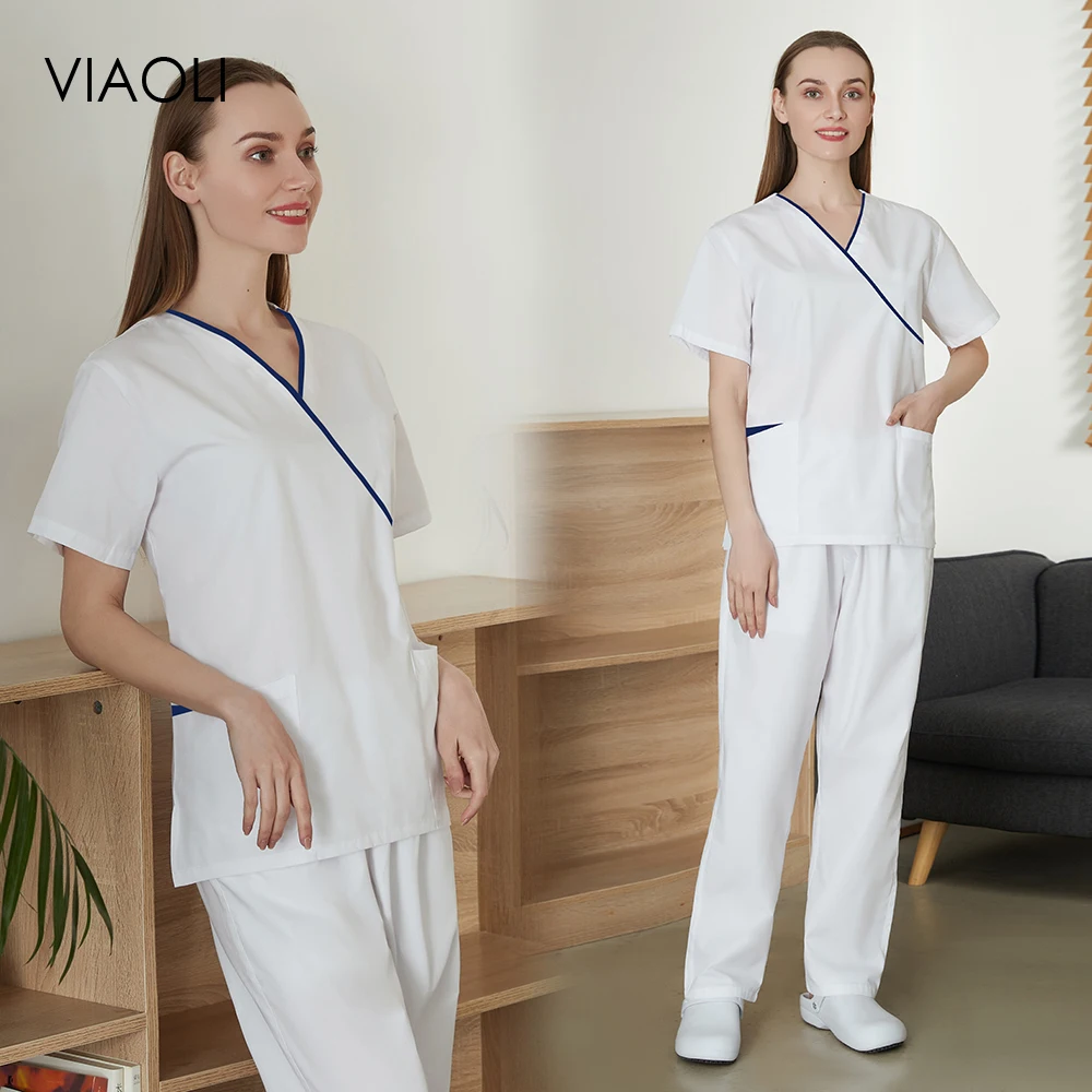 

White High Quality Ladies Operating Room Clinical Medical Uniform Set Scrubs Women 4 Colors Wholesale Doctor Work Nursing Suit
