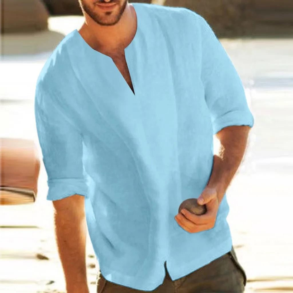 

Рубашка Мужская льняная с коротким рукавом, однотонная мешковатая хлопковая Футболка с рукавом три четверти и V-образным вырезом, топ, блузк...