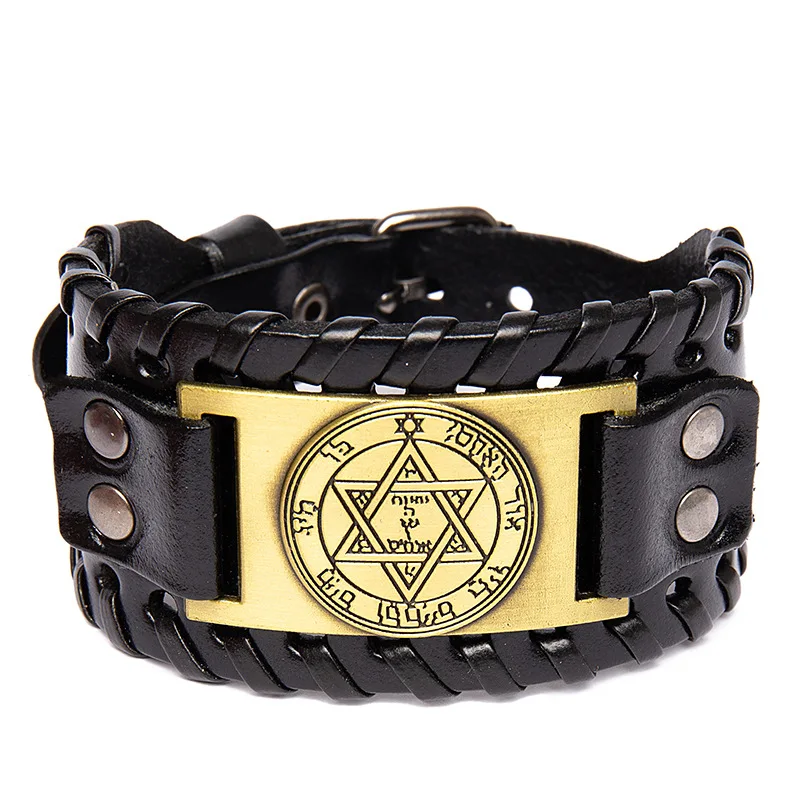 

Six-Pointed Star Trendy Totem Design Bracelet Men's Bracelet New Fashion Leather Woven Viking Accessorie Party Jewelry Wholesale