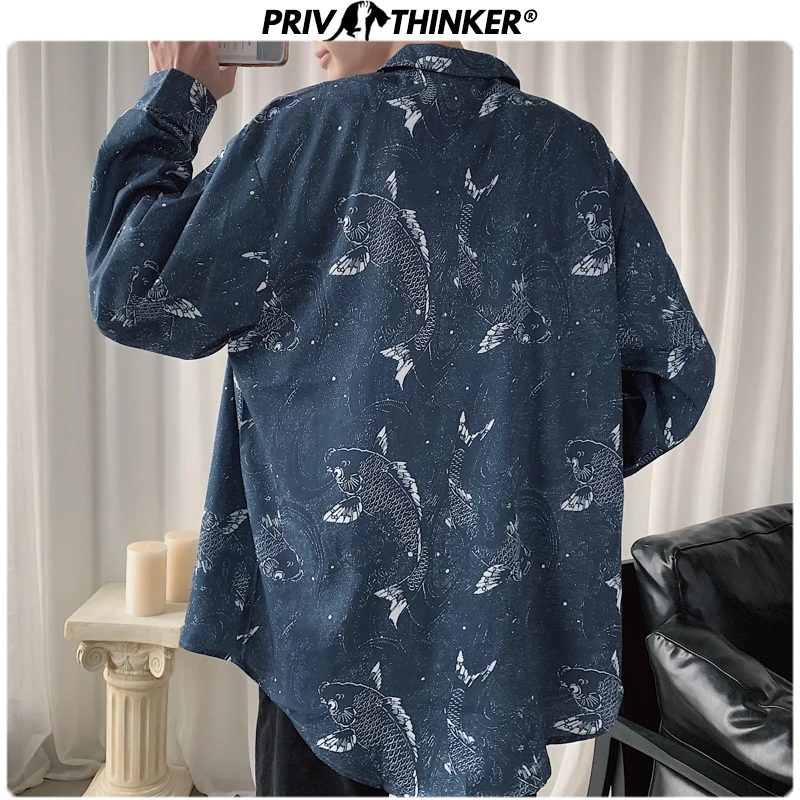 Мужская винтажная рубашка Privathinker свободная с принтом рыбы одежда в стиле