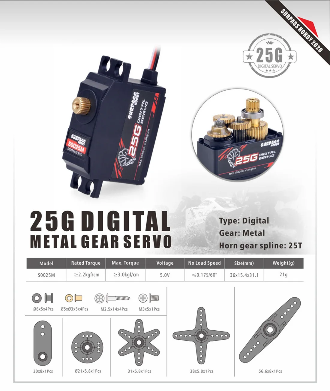 Цифровой сервопривод SURPASS Hobby S0025M с пластиковой/металлической шестерней для