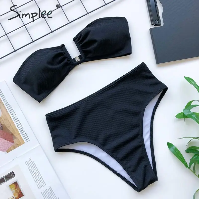 Simplee винтажный однотонный комплект бикини с высокой талией плиссированный