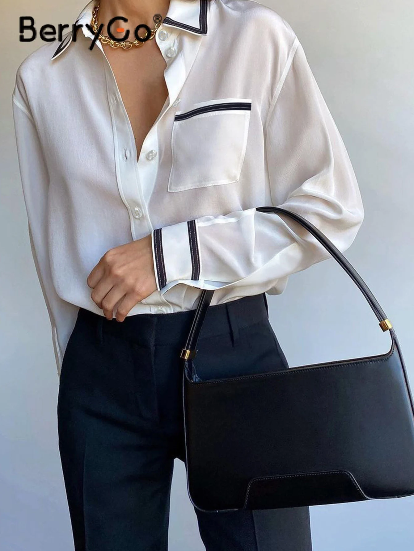 

BerryGo Sexy women see-through blouses summer 2022 Fashion long sleeve lapel slim blouse shirt office lady Solid soft slim tops