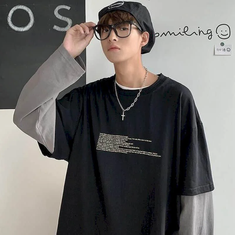 

Cotton autumn fake two-piece men's long-sleeved t-shirt male students Korean style loose trendy clothes ins youth men's clothing