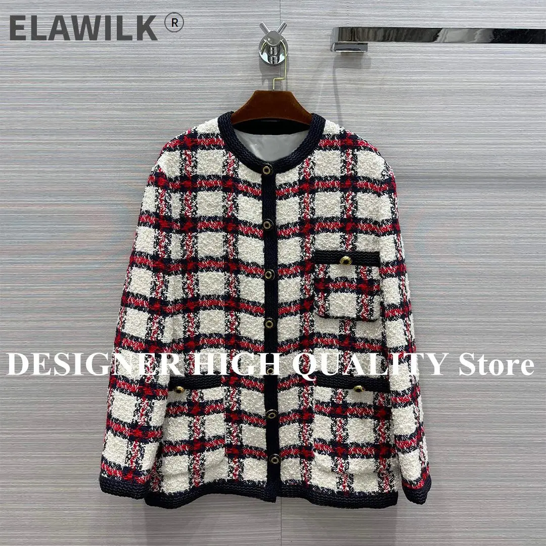 

Женский твидовый жакет, в красную полоску, в клетку, с круглым вырезом, однобортный, с карманами, свободный, в стиле ретро, для весны