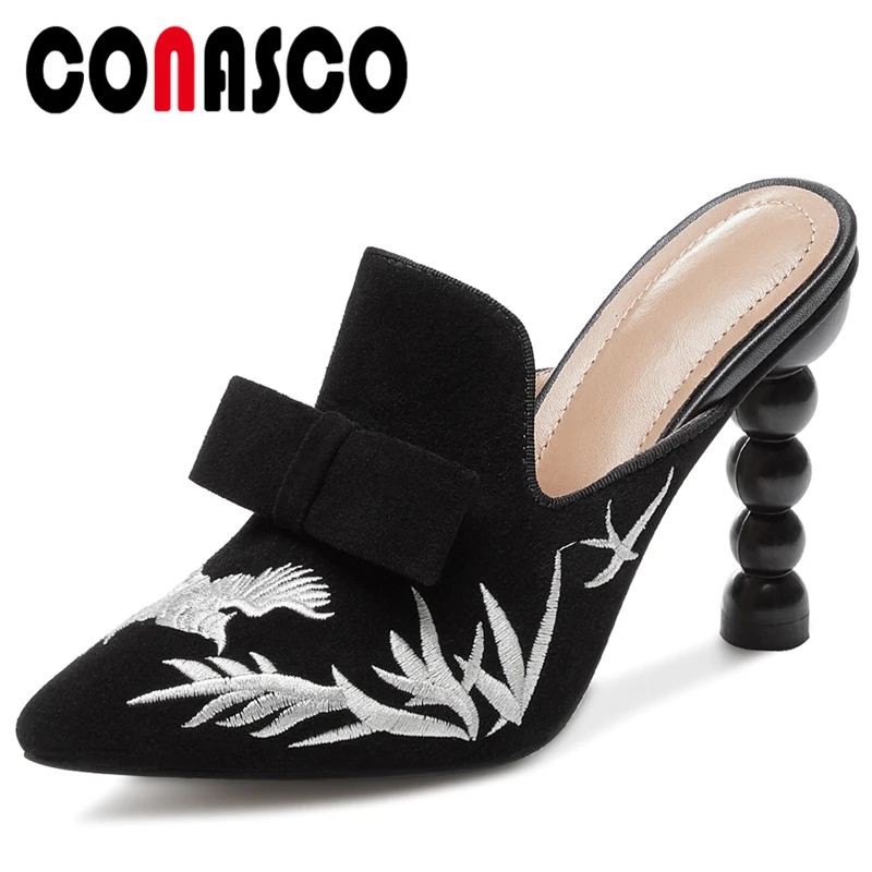 

CONASCO Summer New Kid Suede Women Sandals Slippers Mules Pumps Fashion Casual Embroider Butterfly Knot High Heels Shoes Woman