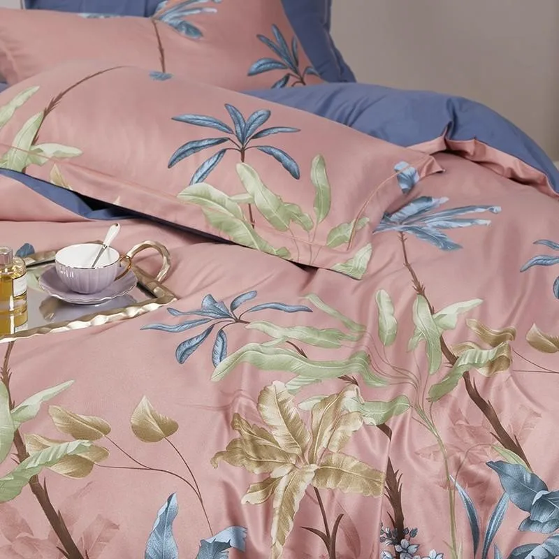 للبيع طقم غطاء لحاف كوين 100% قطن ، طقم سرير ناعم ، أصفر ، وردي ، أوراق النخيل الاستوائية ، غطاء لحاف ، ملاءة سرير ، أكياس وسائد