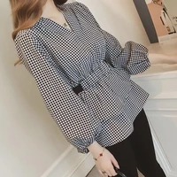 women spring summer style chiffon blouses shirts lady casual long lantern sleeve v neck plaid printed blusas tops df3716