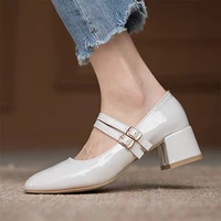 spring and fall women patent leather dress shoes three buckle mary janes shoes female wedding shoes bridal medium heels pumps