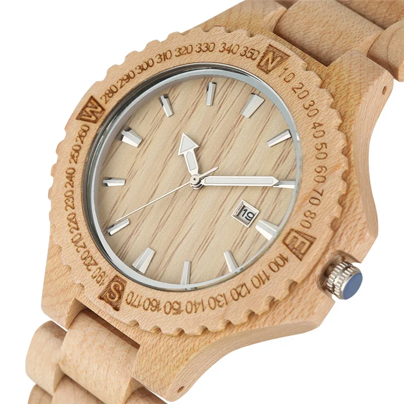 

REDFIRE Pure Maple Wood Watch Auto-Date Display Minimalist Round Dial Wooden Clock Business Fashion Mens Watches Folding Clasp