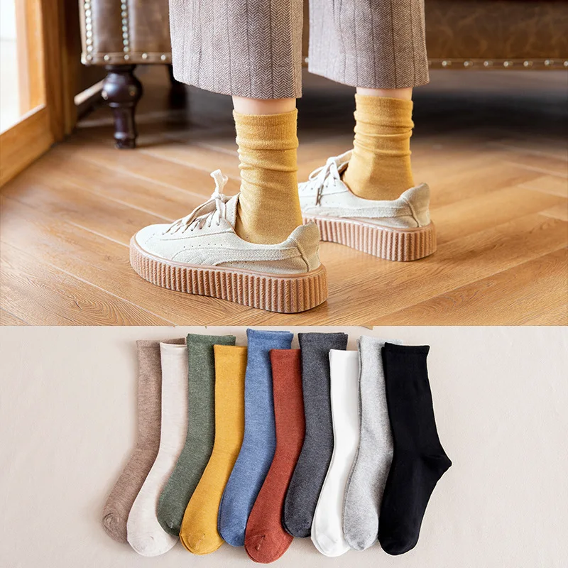 

New Product Solid Color Middle Tube Socks Women Luokou Elastic Cotton Women's Socks Autumn and Winter All-match Cotton Socks