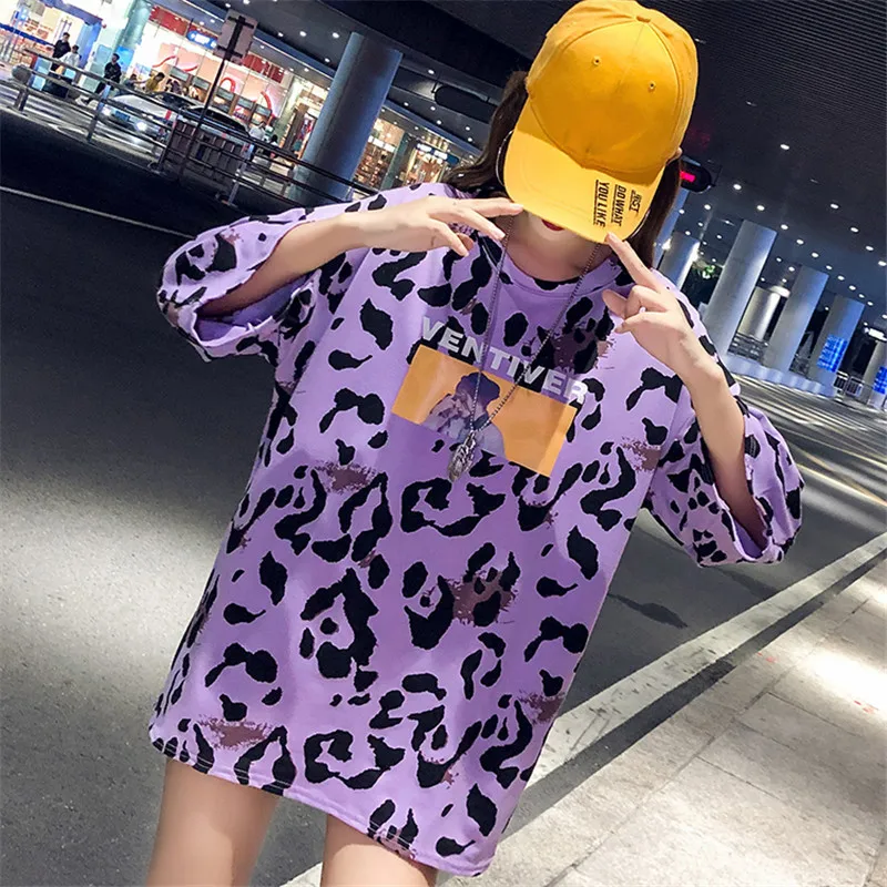 Hot sale 2020 Summer New Long section Loose leopard Print T-shirt Fashion Casual Round neck Women bottoming Tops C037 | Женская одежда