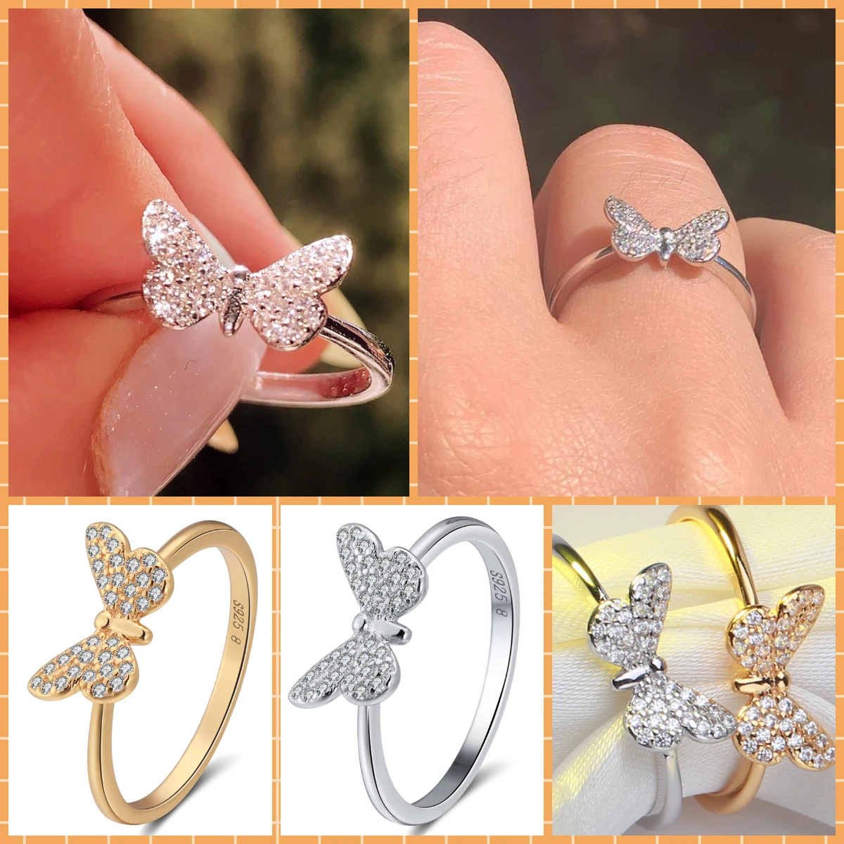 Rinntin изящные кольца из стерлингового серебра 925 пробы с бабочкой для женщин и