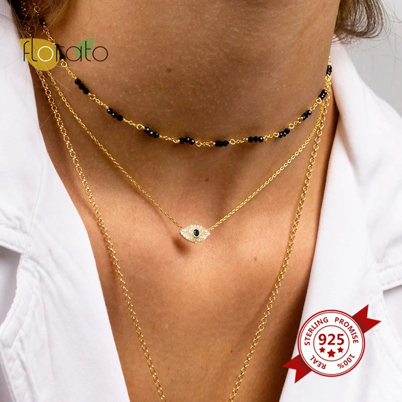 

Fashion Turkish Evil Eyes Multilayer Necklaces 925 Sterling Silver CZ Devil Pendant Necklaces For Women Choker Beads Jewelry