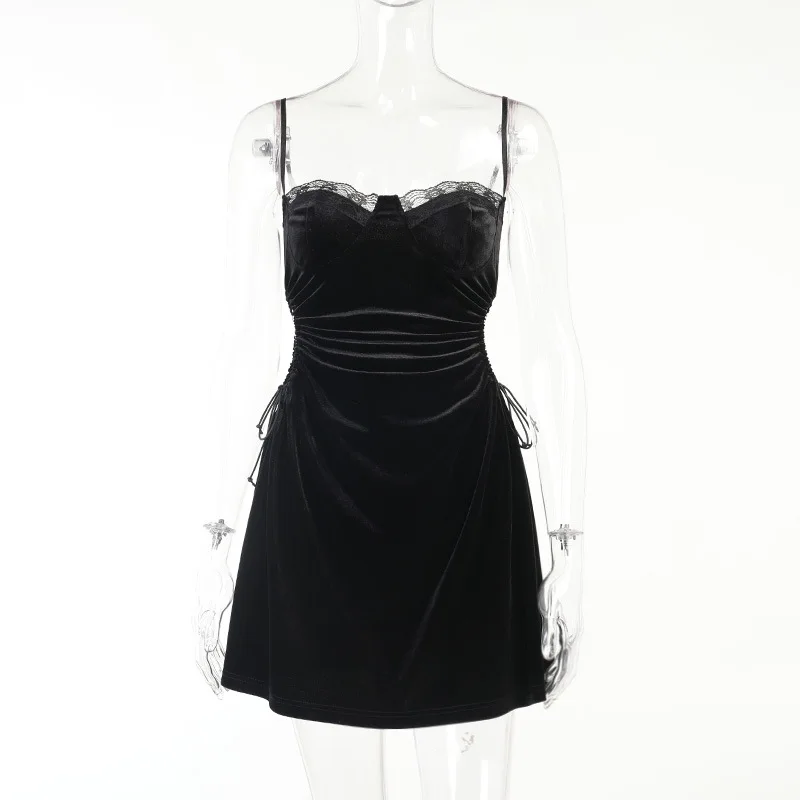 

New Summer Slit Black Lace Sleeveless Hip-Wrapped Velvet Dress for Women Design Sense Non-mainstream Young