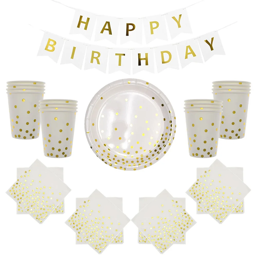 

Girls white theme birthday wedding supplies Gold Foil Disposable tableware set paper plates cup Paper towel Party decoration