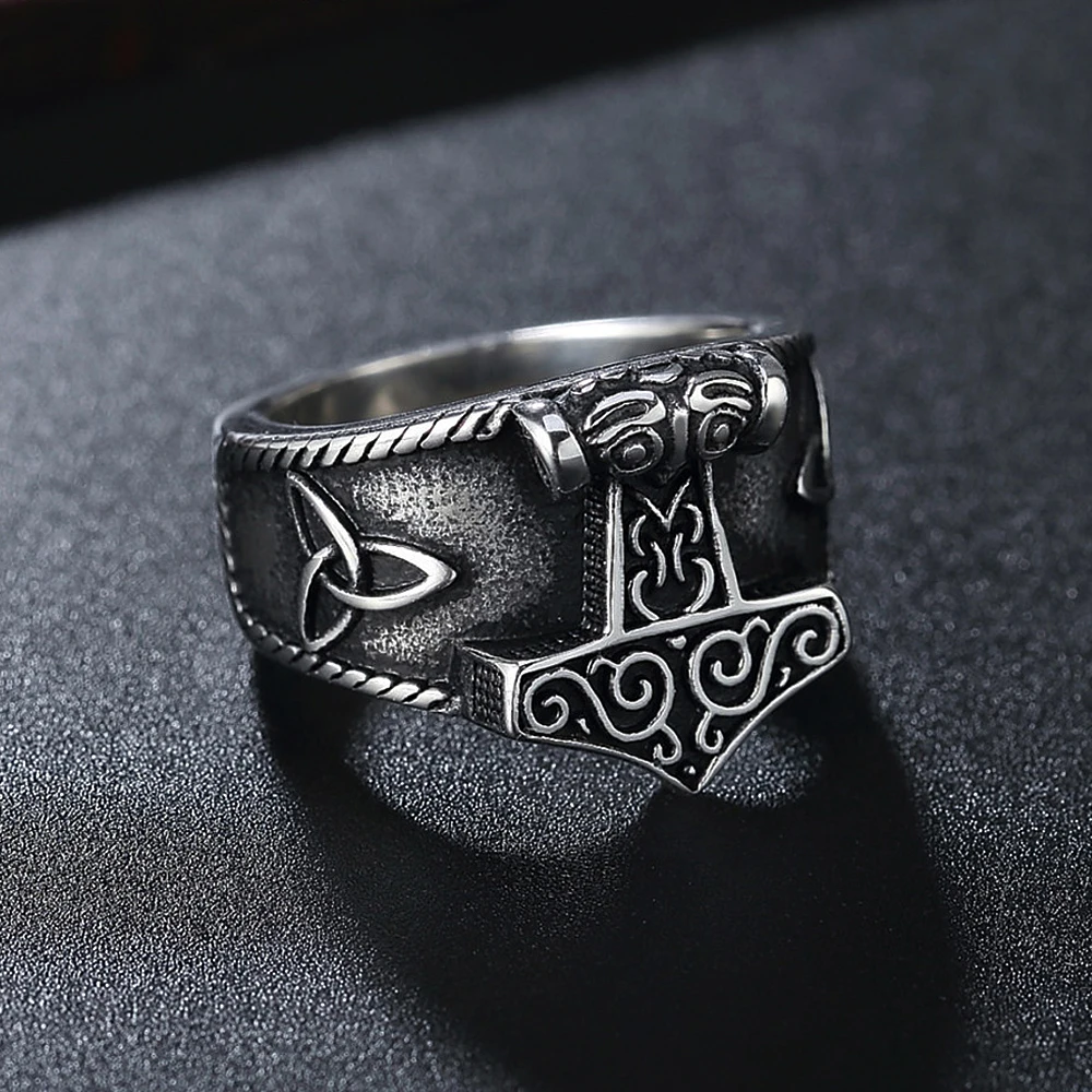 

Vintage Viking Mjolnir Thor's Hammer Ring Men Nordic 316L Stainless Steel Odin Celtics Knot Amulet Ring Jewelry Gift