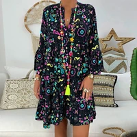 2021 boho dress for women loose floral print long sleeve v collar button party elegant sexy dresses plus size vestidos de festa