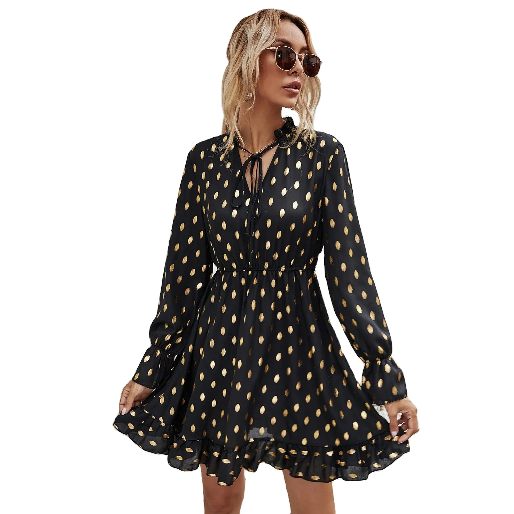 

Fashion summer vintage V-neck Polka Dot mini Dress for womens Chiffon A-Line Black long sleeve sexy elegant Ruffles dress