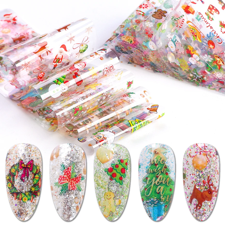 10 шт. Рождественская Фольга для ногтей Санта Клауса снеговик мультфильм