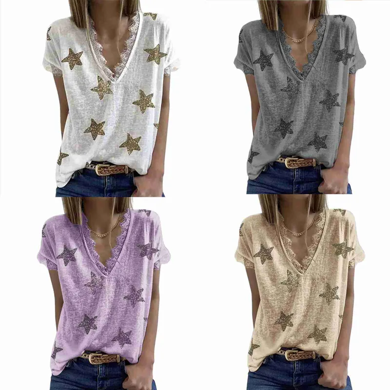 Женская футболка с коротким рукавом V-образным вырезом и кружевом - купить по