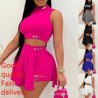 womens short skirt and mini skirt suit sleeveless summer casual pleated skirt suit two piece