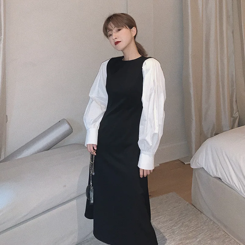 Женское винтажное платье в стиле пэтчворк два контрастных цвета с пышными