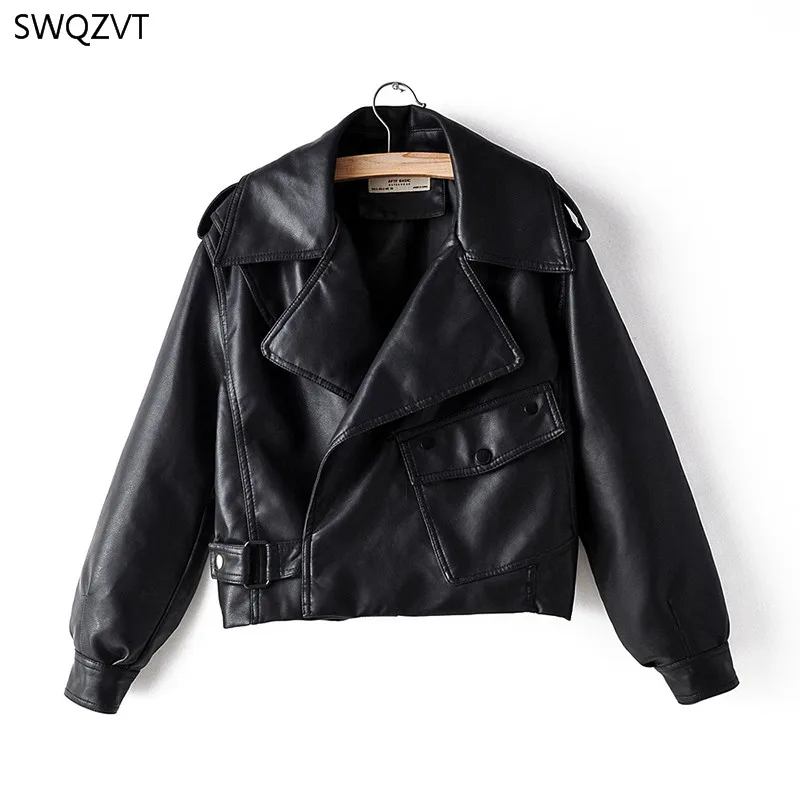 SWQZVT 2020 осень зима женская кожаная куртка с отложным воротником модные короткие