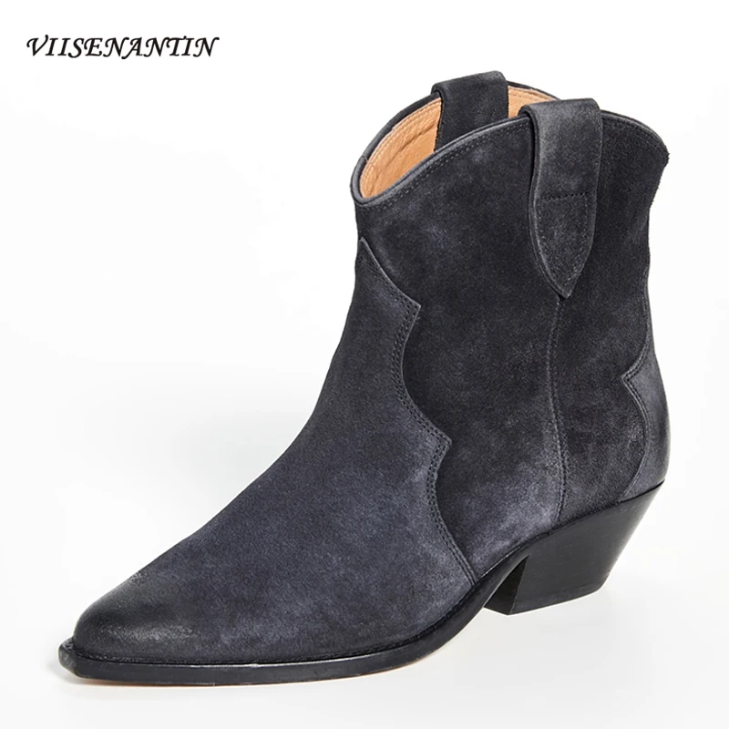 

Остроносые ковбойские короткие ботинки на толстом каблуке, женские осенне-зимние кожаные ботильоны, замшевые ботинки из коровьей кожи в бр...