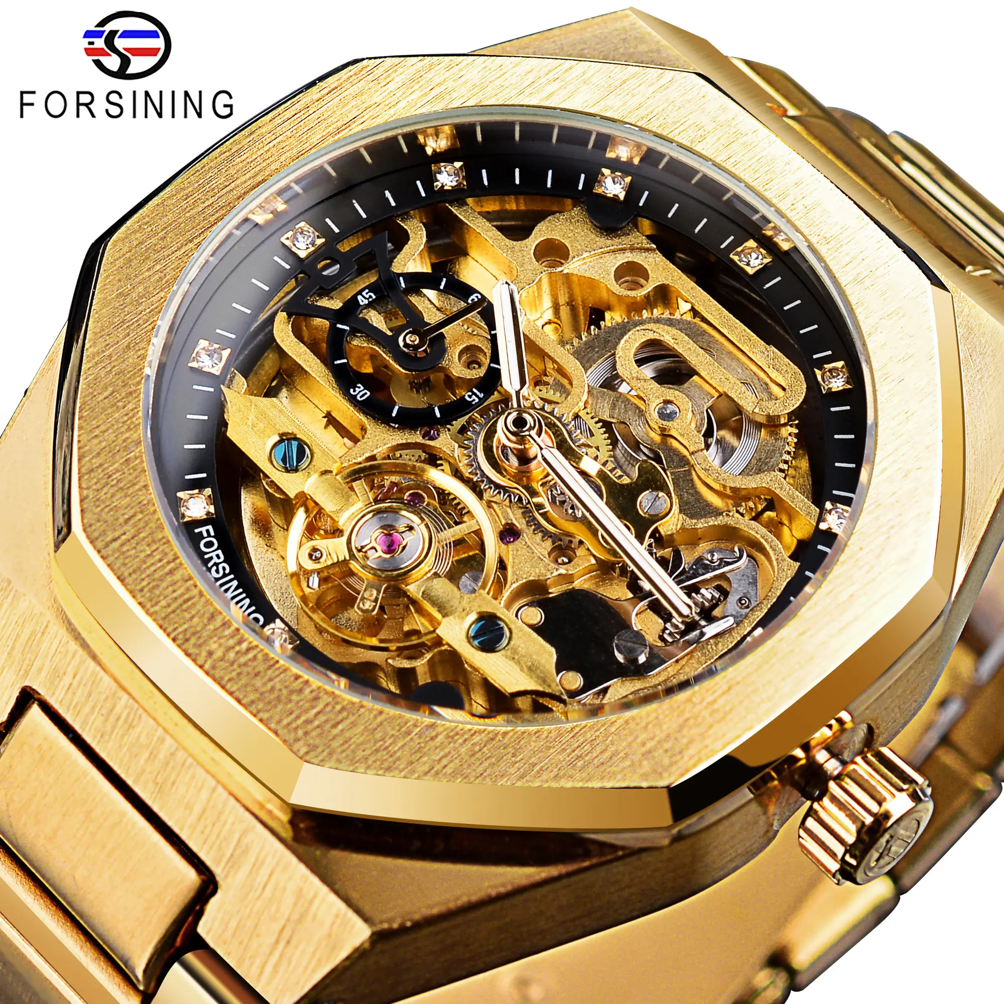 Forsining 2021Gold Mechanical Automatic Watches Men Luxury Brand Design Waterproof Mens Skeleton Sport Military Clock Relogio