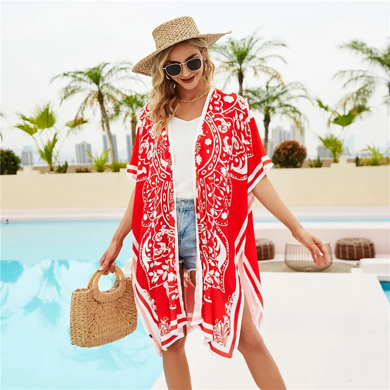

Summer Tunics Ladies 2021 Red Printed Beach Dress Cover Up Beachwear Woman Outfit Blouse Tunic Pareo Swimsuit Cover-ups NEW