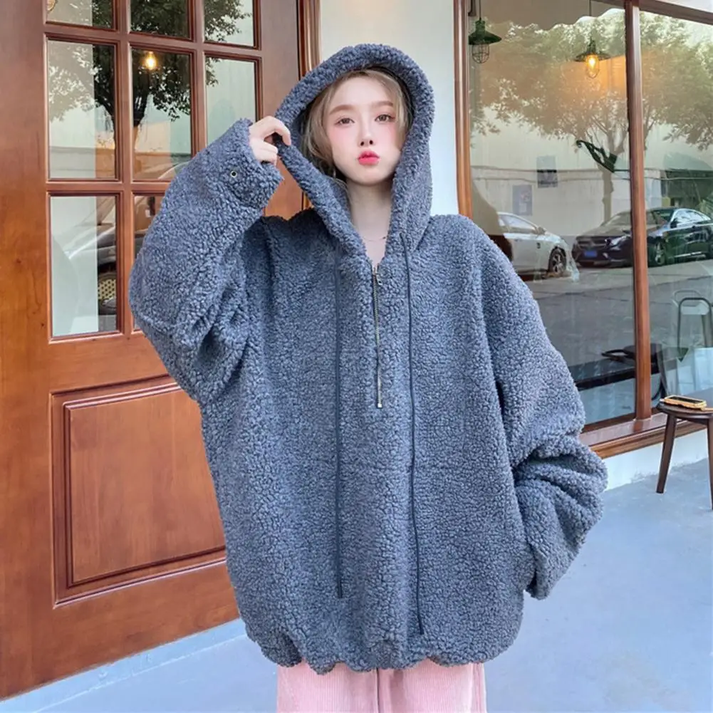 Women Winter Long Sleeve Half Zipper Faux Fleece Warm Oversize Hoodie Sweatshirt