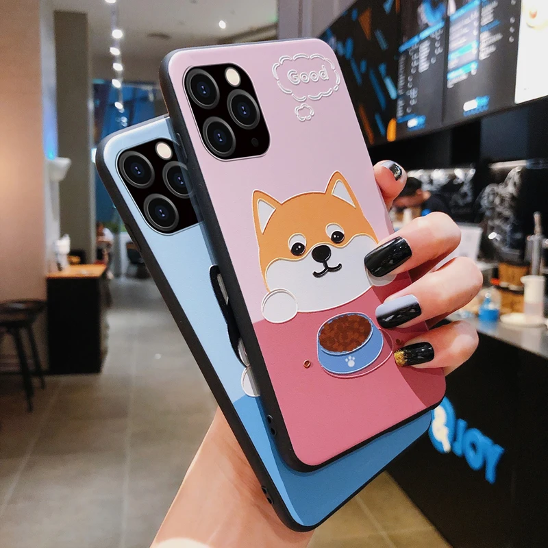 

Cute Cartoon Animal Shiba Inu Husky Dog Phone Case for Iphone 11 Pro Max 12 Pro Mini XR XS 8 X 7 6Plus Embossment Silicone Cover