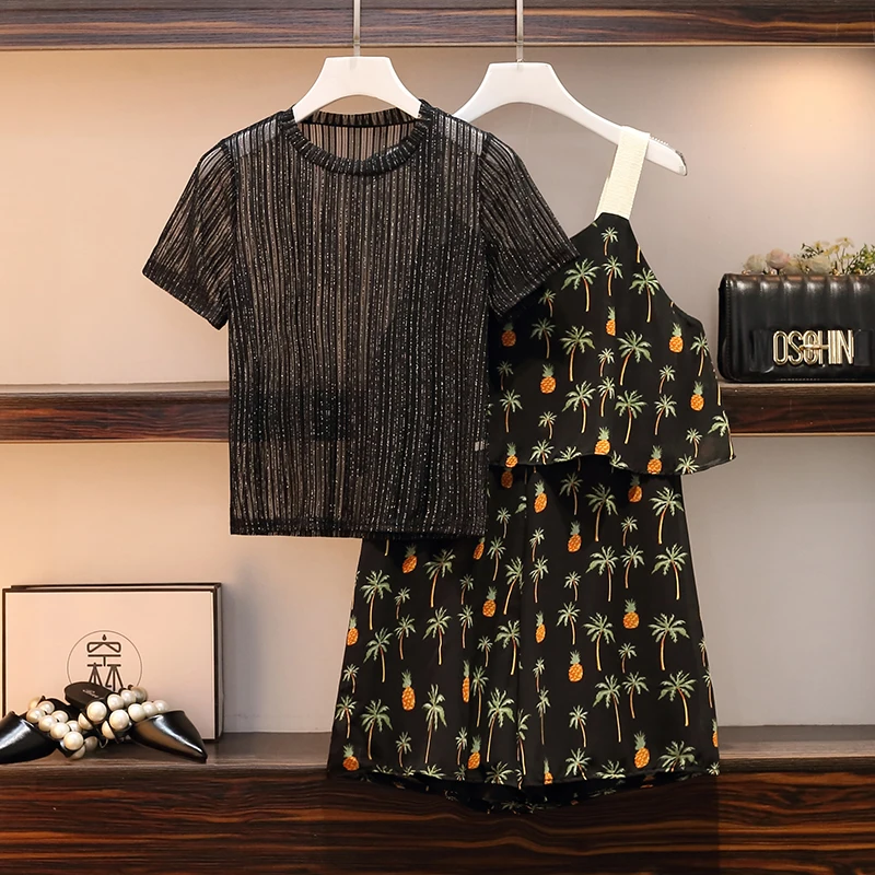 Женский комплект из 2 предметов в стиле бохо сетчатый топ и комбинезон с принтом