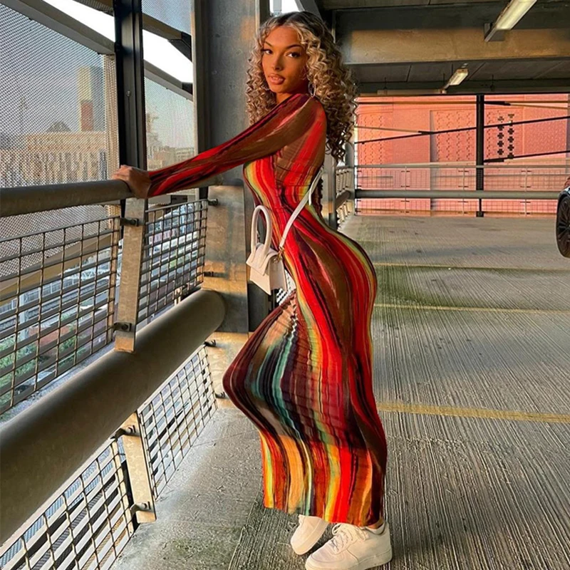 

Fashion Women Dress New Printed Dress Casual Long Sleeve Colorful V-neck Bodycon Dresses Spring Women Streetwear Elegant Outfits