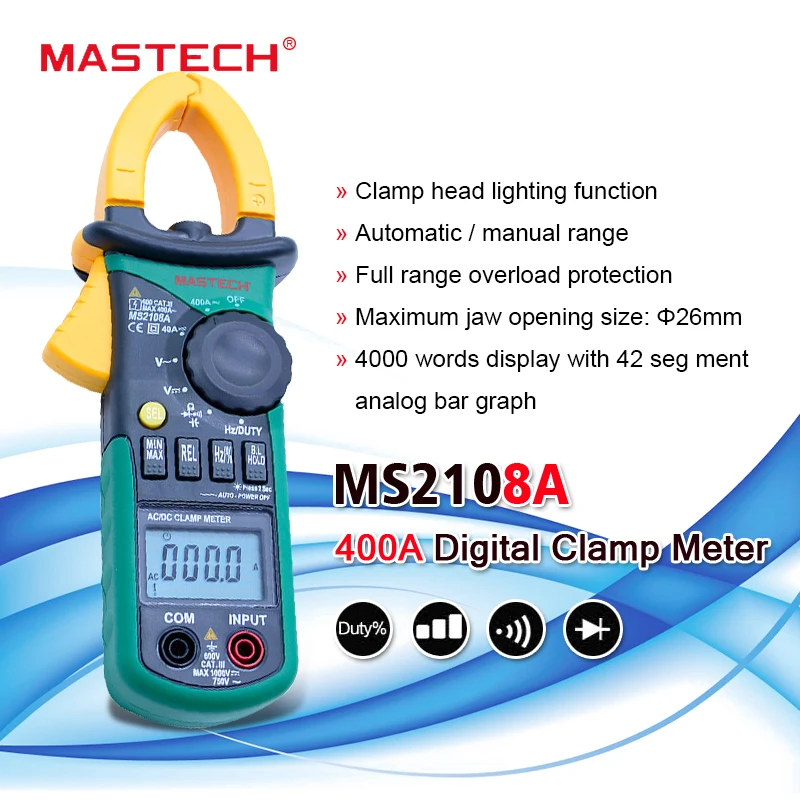 

Mastech MS2108A Digital Multimeter Clamp Meter Auto range AC 400A Current Clamp Meter Voltage Frequency Capacitance Tester