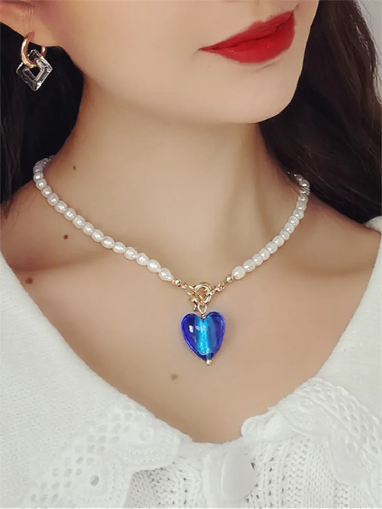 

Kshmir 2021 Vintage baroque fresh water pearl pink/blue/glass heart pendant collarbone short necklace new girls jewelry gift