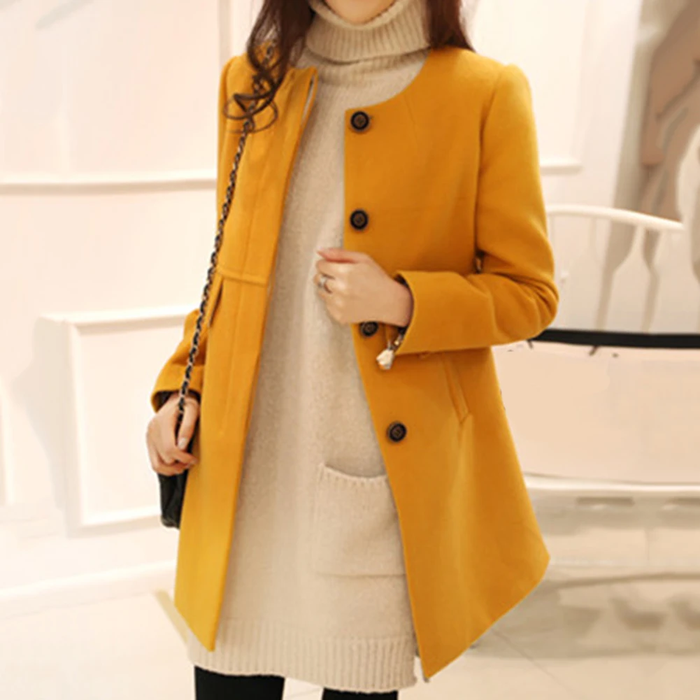 Зимняя шерстяная одежда длинное пальто для женщин с длинным рукавом и круглым