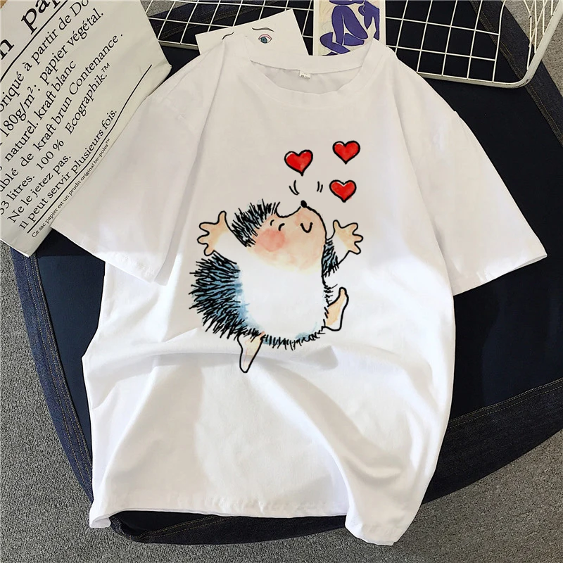 

Kawaii Hedgehog Graphic T Shirt Women Short Sleeve Top Clothing Aesthetic ees Korean Fashion Overszed Cotton DIY Design T-Shirt
