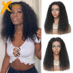 Black Color Synthetic Lace Wig For Women Middle Part Soft Kinky Curly Natural Daily Use Hair Wigs X-TRESS Medium Length 18 Inch