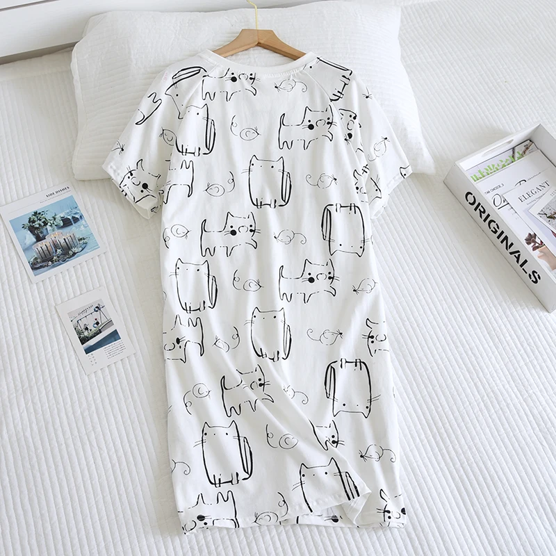 2021 New Cartoon Loose Pajamas Women Summer Knitting Pure Cotton Nightdress Cute Thin Nightdress Wear Medium Long Home Service