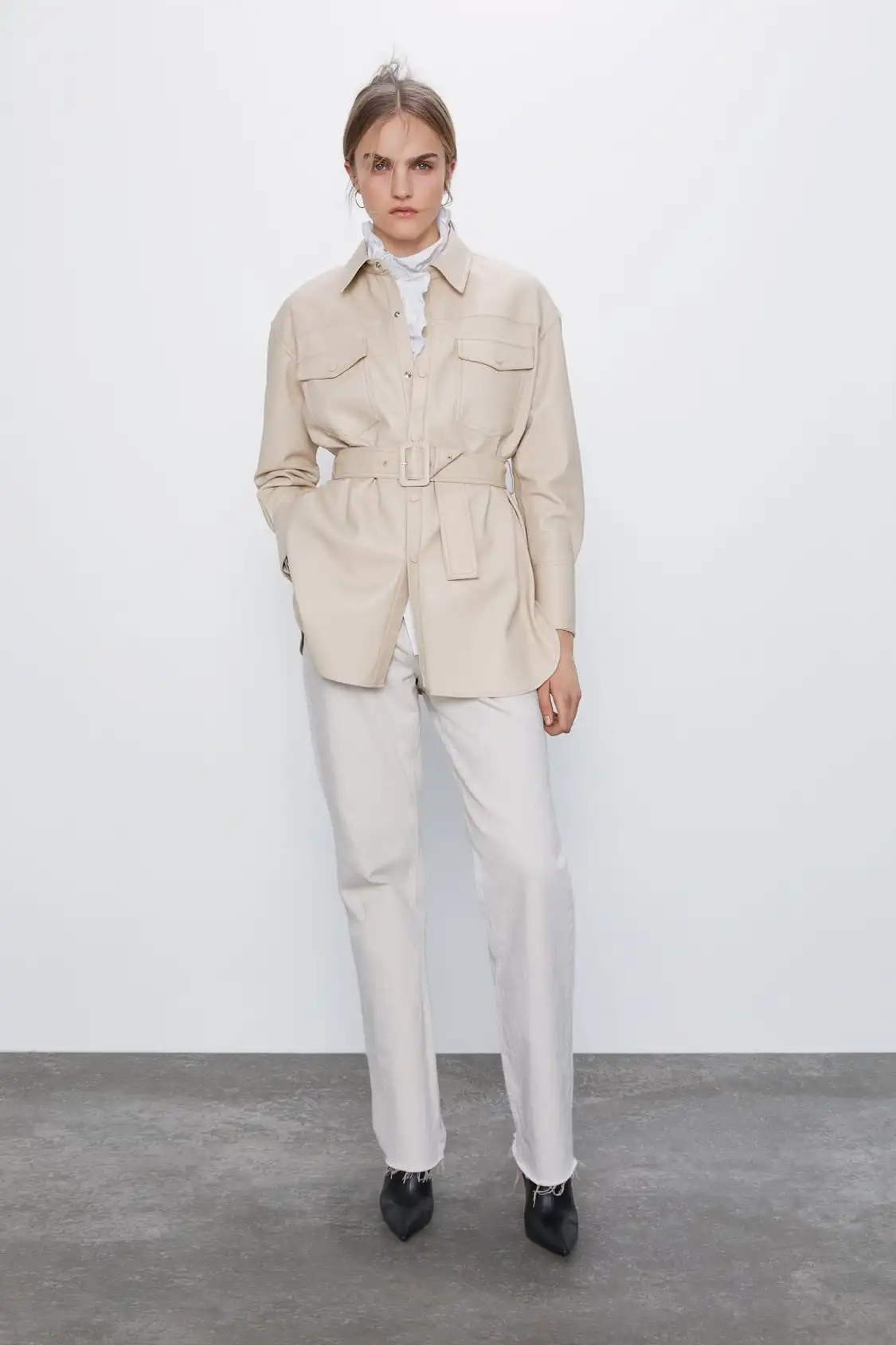 Женская куртка из искусственной кожи ZA элегантное пальто с поясом на пуговицах